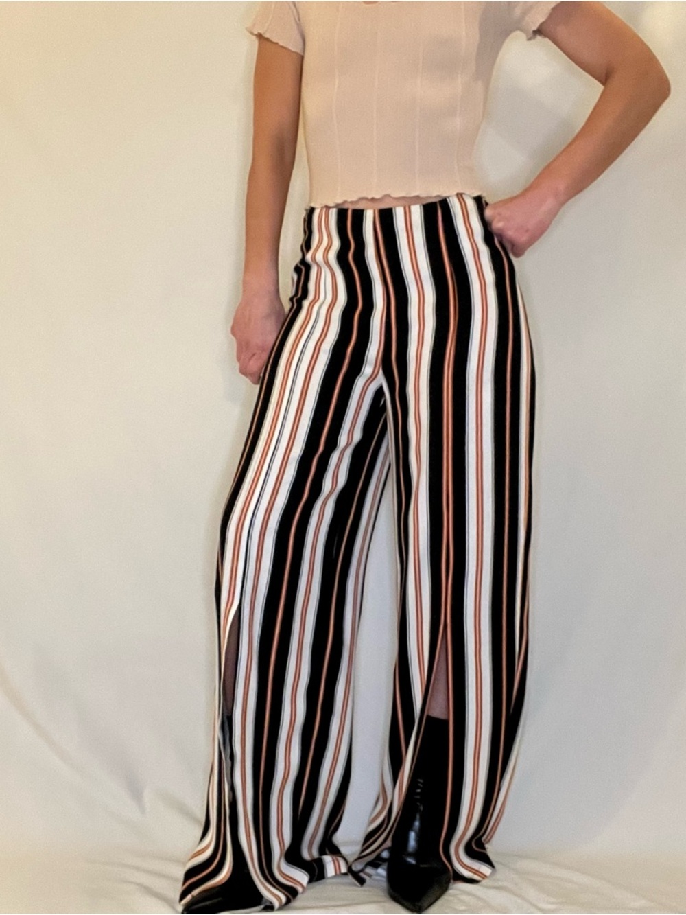 Forever 21 Striped High Rise Wide Leg Trouser Casual Dress Pants Women's Medium - Picture 3 of 10